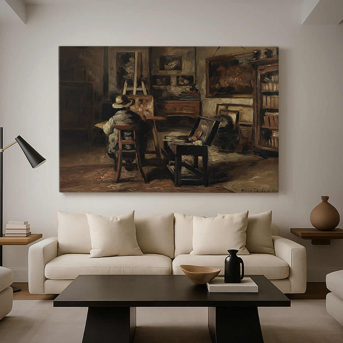 Canvas art print featuring an interior scene showing workspace with easel and furnishings, displayed in a spacious living room