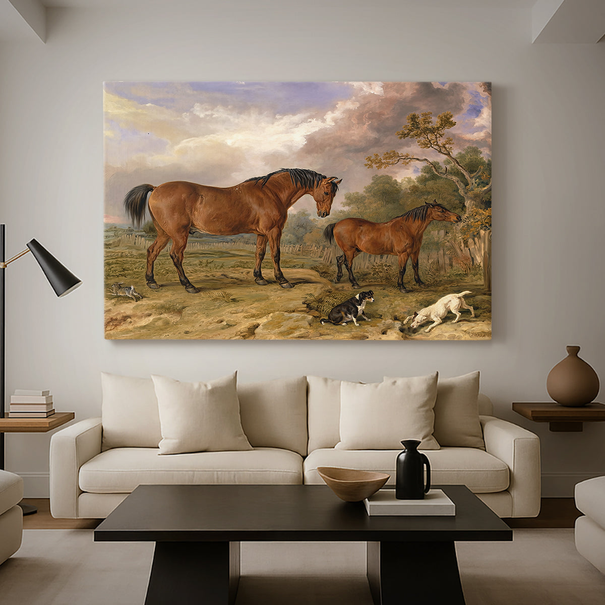 Canvas art print featuring a realistic depiction of several horses standing outdoors, displayed in a spacious living room