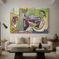 Canvas art print featuring an expressive composition with angular forms, displayed in a spacious living room