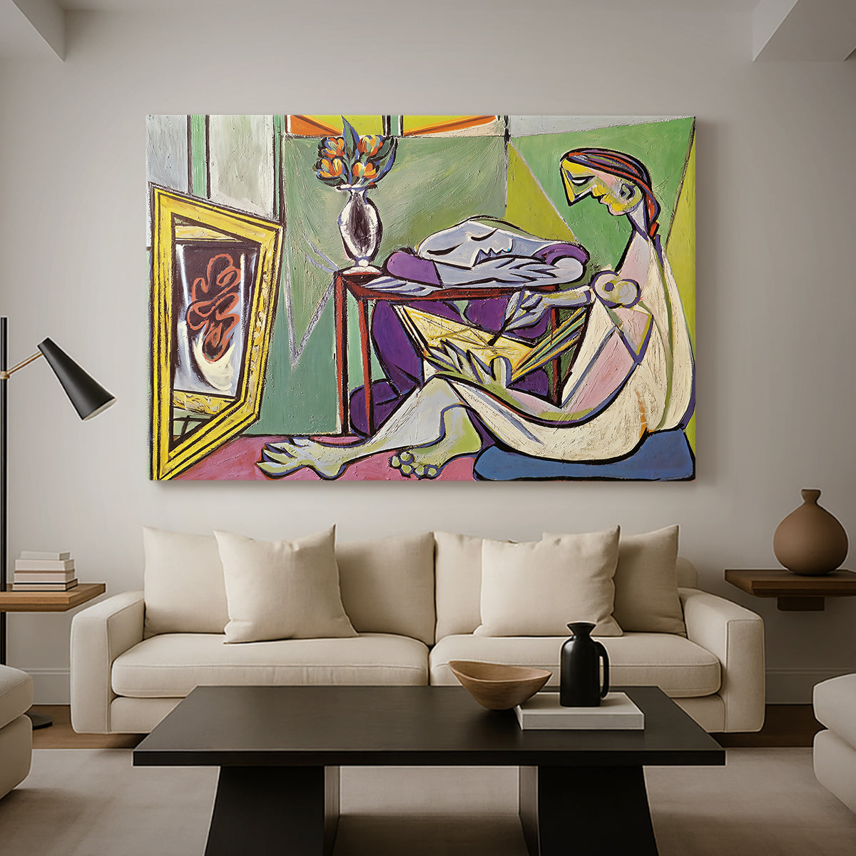 Canvas art print featuring an expressive composition with angular forms, displayed in a spacious living room