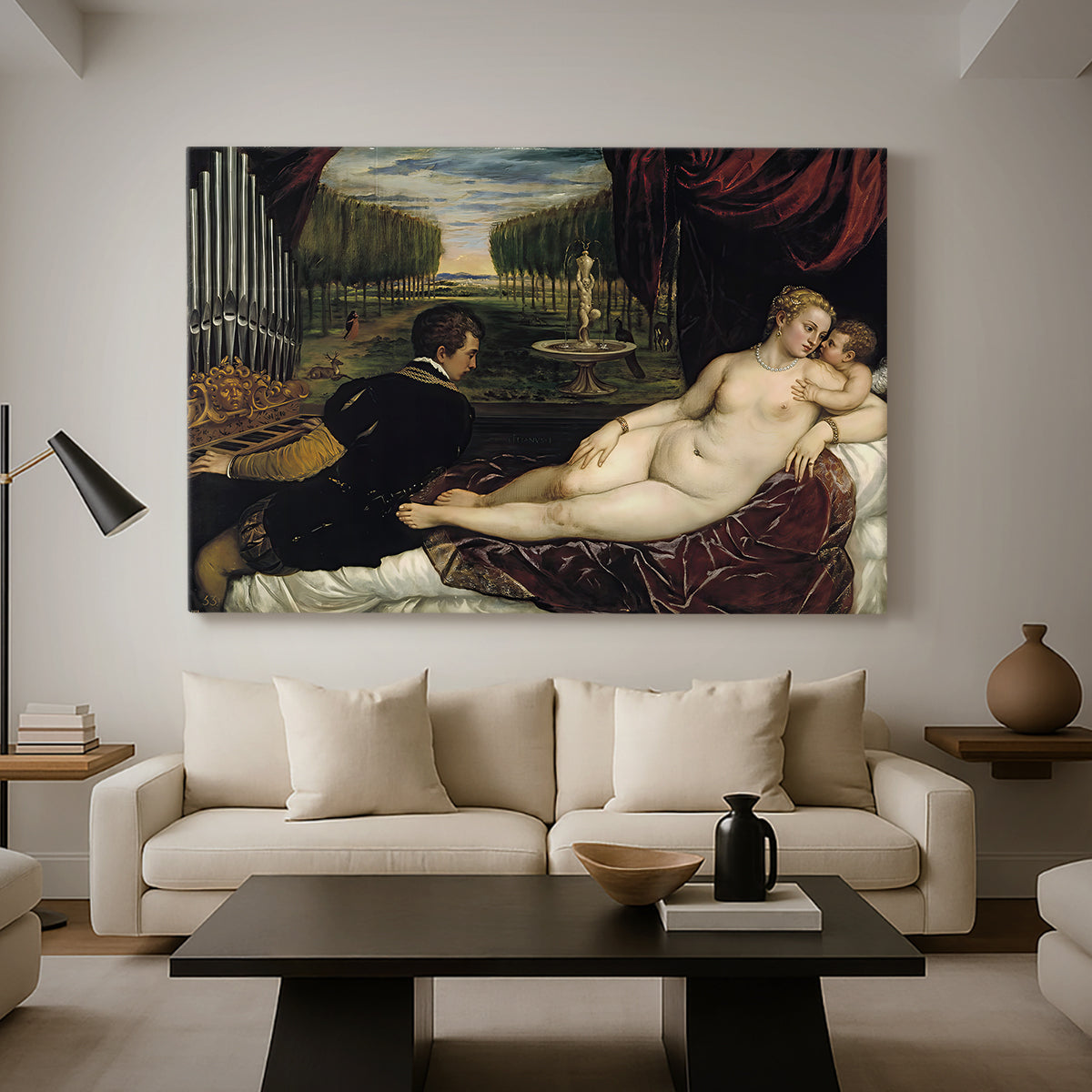 Canvas art print featuring a classical composition uniting sensual and mythological elements, displayed in a spacious living room