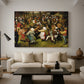 Canvas art print featuring figures interacting in festive setting, displayed in a spacious living room