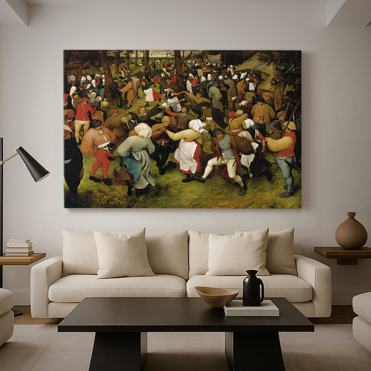 Canvas art print featuring figures interacting in festive setting, displayed in a spacious living room