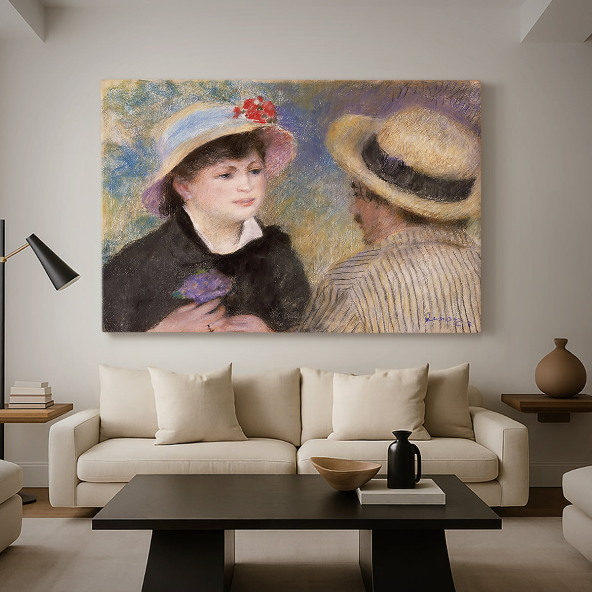 Canvas art print featuring an impressionist depiction of couple enjoying leisure time near water, displayed in a spacious living room