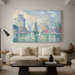 Canvas art print featuring a colorful depiction of towers near water, displayed in a spacious living room