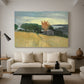Canvas art print featuring a bright countryside scene with field and soft sky, displayed in a spacious living room