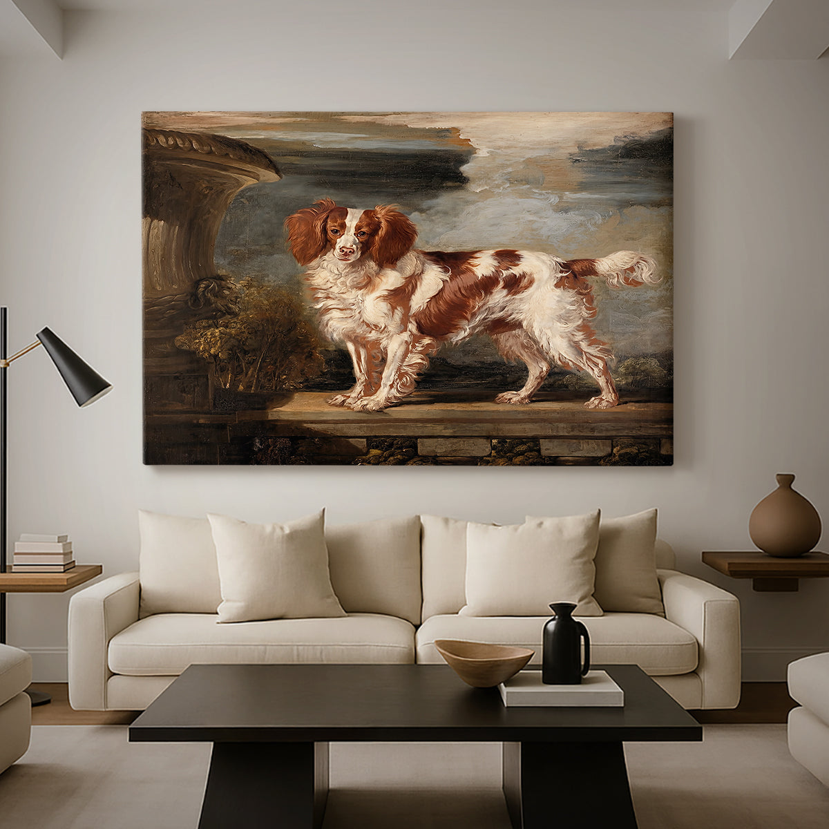 Canvas art print featuring a realistic depiction of spaniel with soft fur texture, displayed in a spacious living room