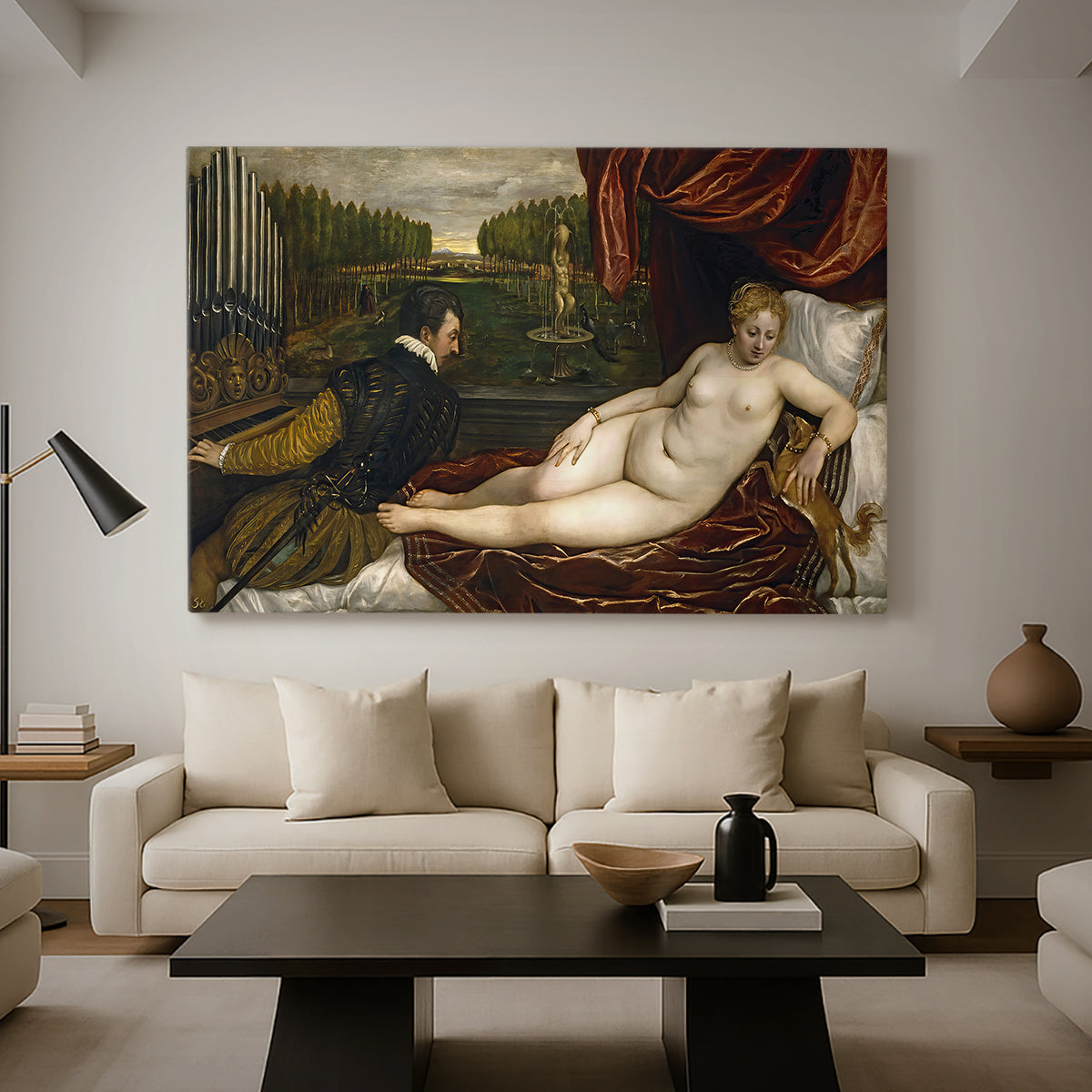 Canvas art print featuring a sensual composition combining nude figure, instrument, and domestic animal, displayed in a spacious living room