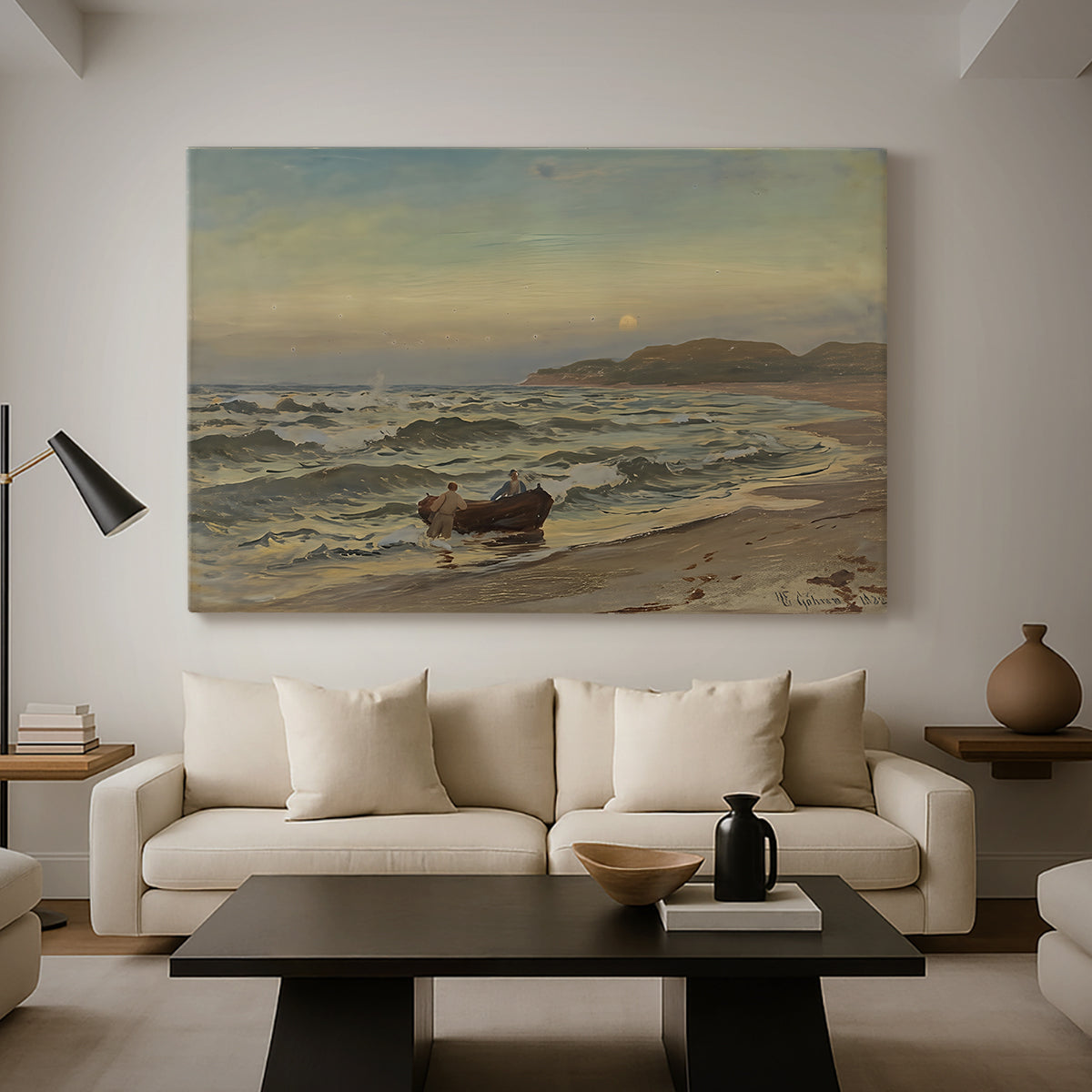 Canvas art print featuring a moody maritime landscape with storm clouds over ocean, displayed in a spacious living room