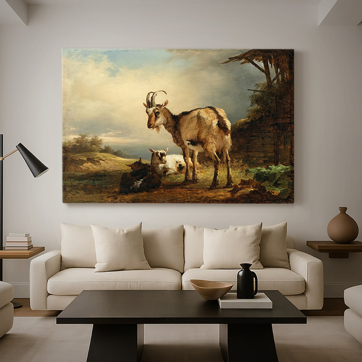 Canvas art print featuring a rural livestock composition, displayed in a spacious living room