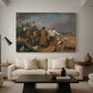 Canvas art print featuring countryside activity with figures engaged in harvest, displayed in a spacious living room