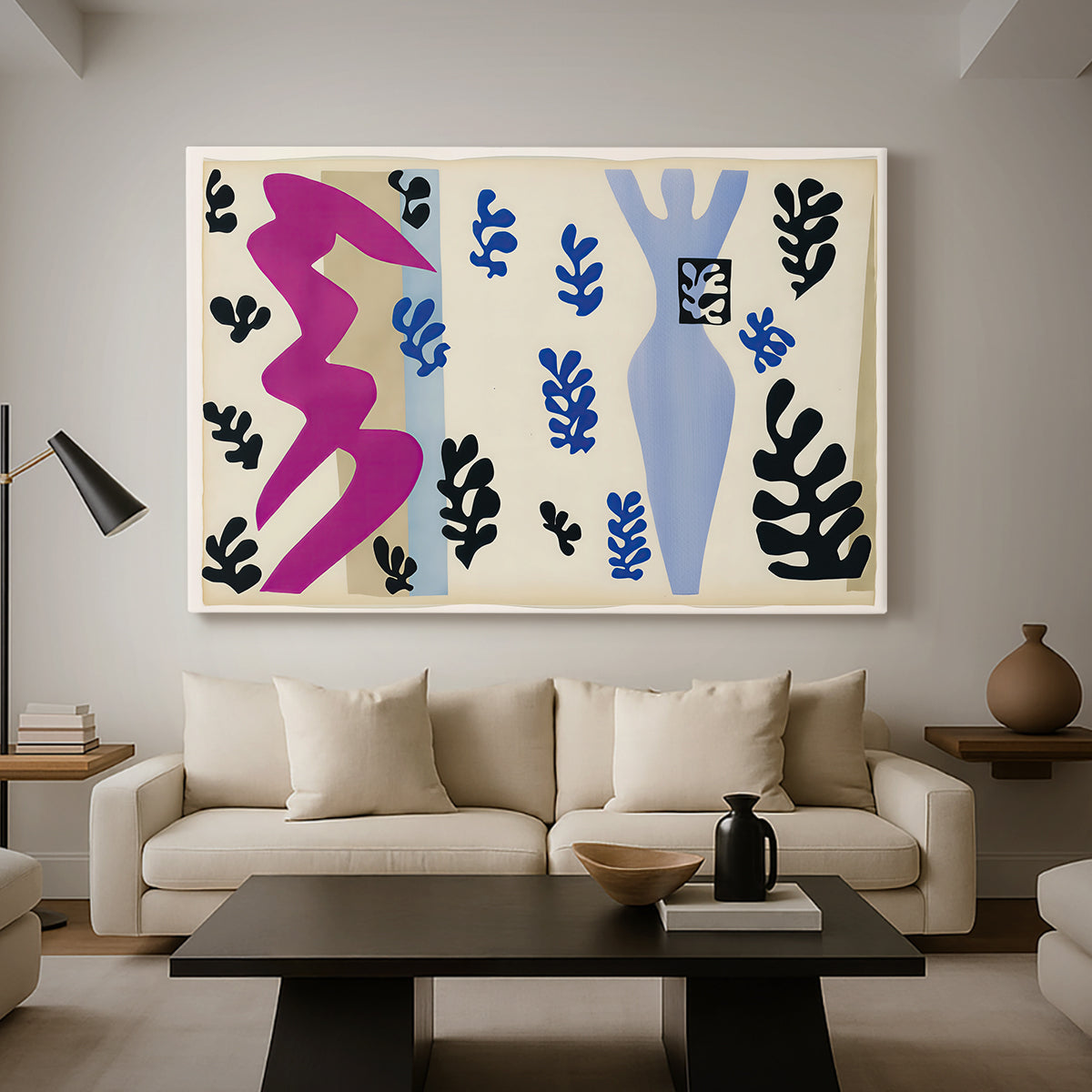 Canvas art print featuring an expressive abstract scene built from directional shapes, displayed in a spacious living room