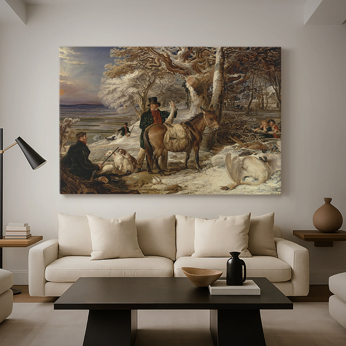 Canvas art print featuring a detailed composition showing hunting party and dogs, displayed in a spacious living room