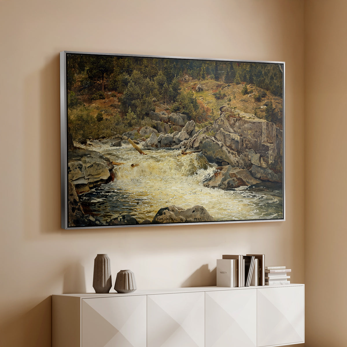 Waterfall in Hallingdal, 1848 - Floater Framed Canvas Print