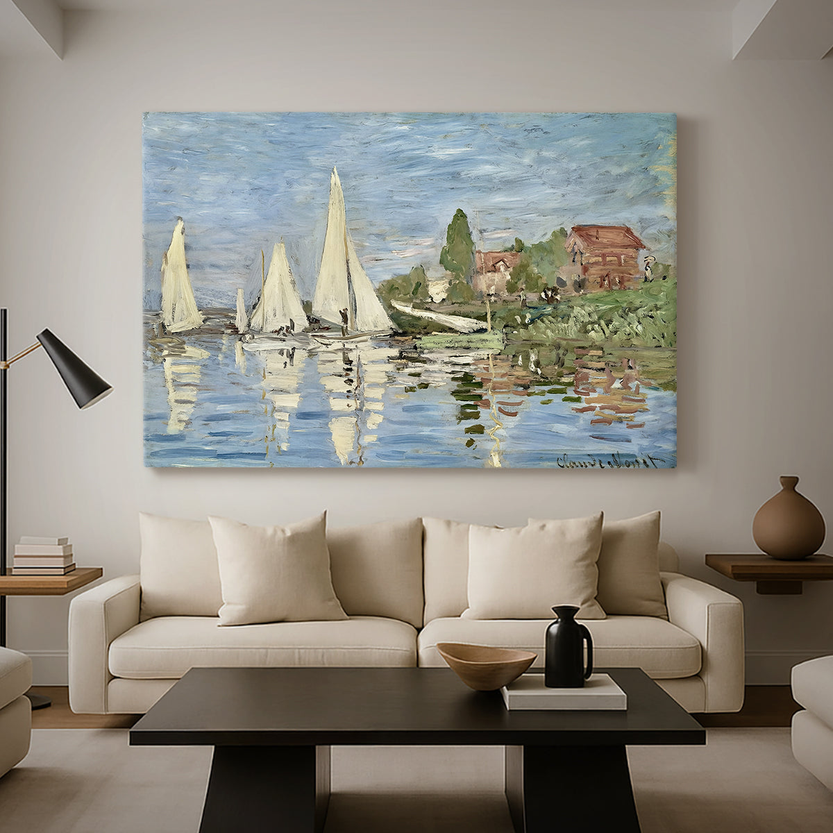 Canvas art print featuring an impressionist depiction of sailing competition on water, displayed in a spacious living room
