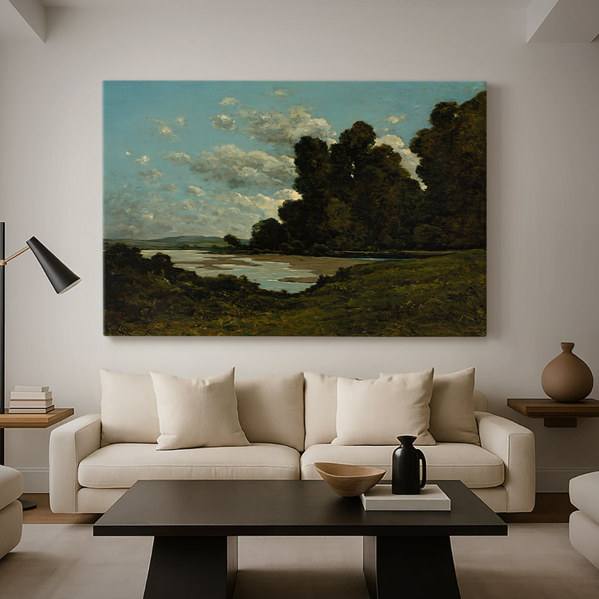 Canvas art print featuring a countryside waterway with town along horizon, displayed in a spacious living room