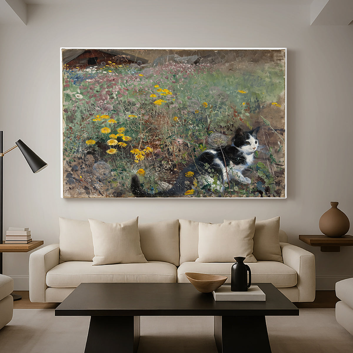 Canvas art print featuring an animal scene of cat hidden in lush meadow vegetation, displayed in a spacious living room