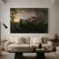 Canvas art print featuring a rugged landscape with minimal human presence and raw terrain, displayed in a spacious living room