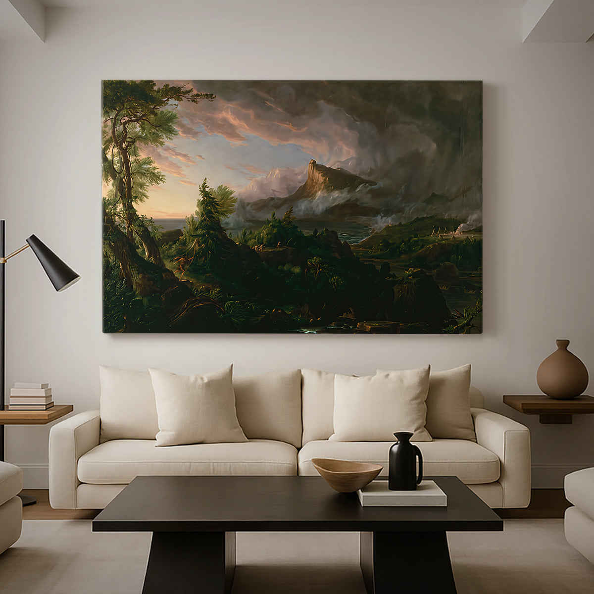 Canvas art print featuring a rugged landscape with minimal human presence and raw terrain, displayed in a spacious living room