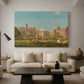 Canvas art print featuring a cityscape featuring ancient buildings and open terrain, displayed in a spacious living room