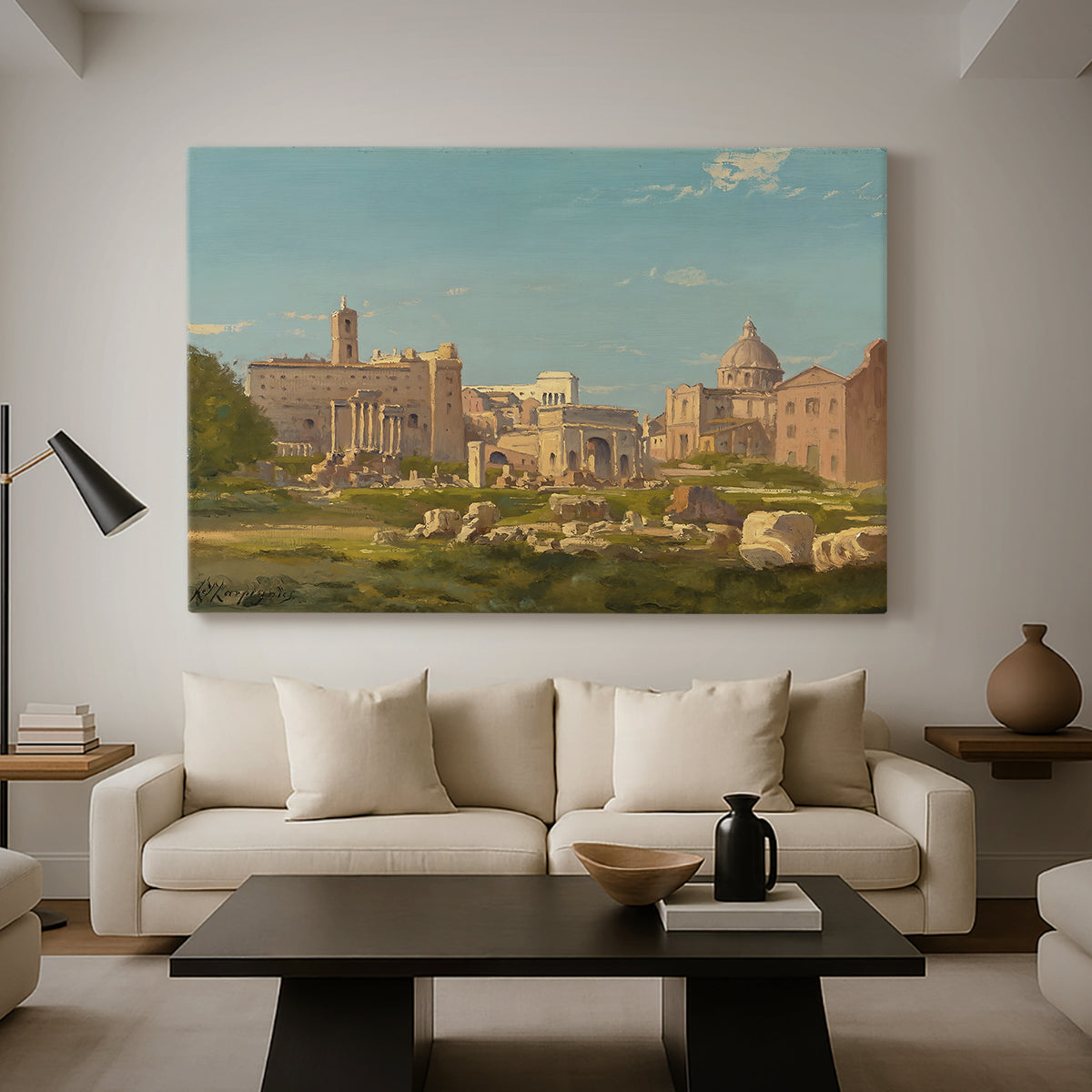 Canvas art print featuring a cityscape featuring ancient buildings and open terrain, displayed in a spacious living room