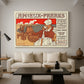 Canvas art print featuring an early advertising artwork with bold typography and graphic illustration, displayed in a spacious living room
