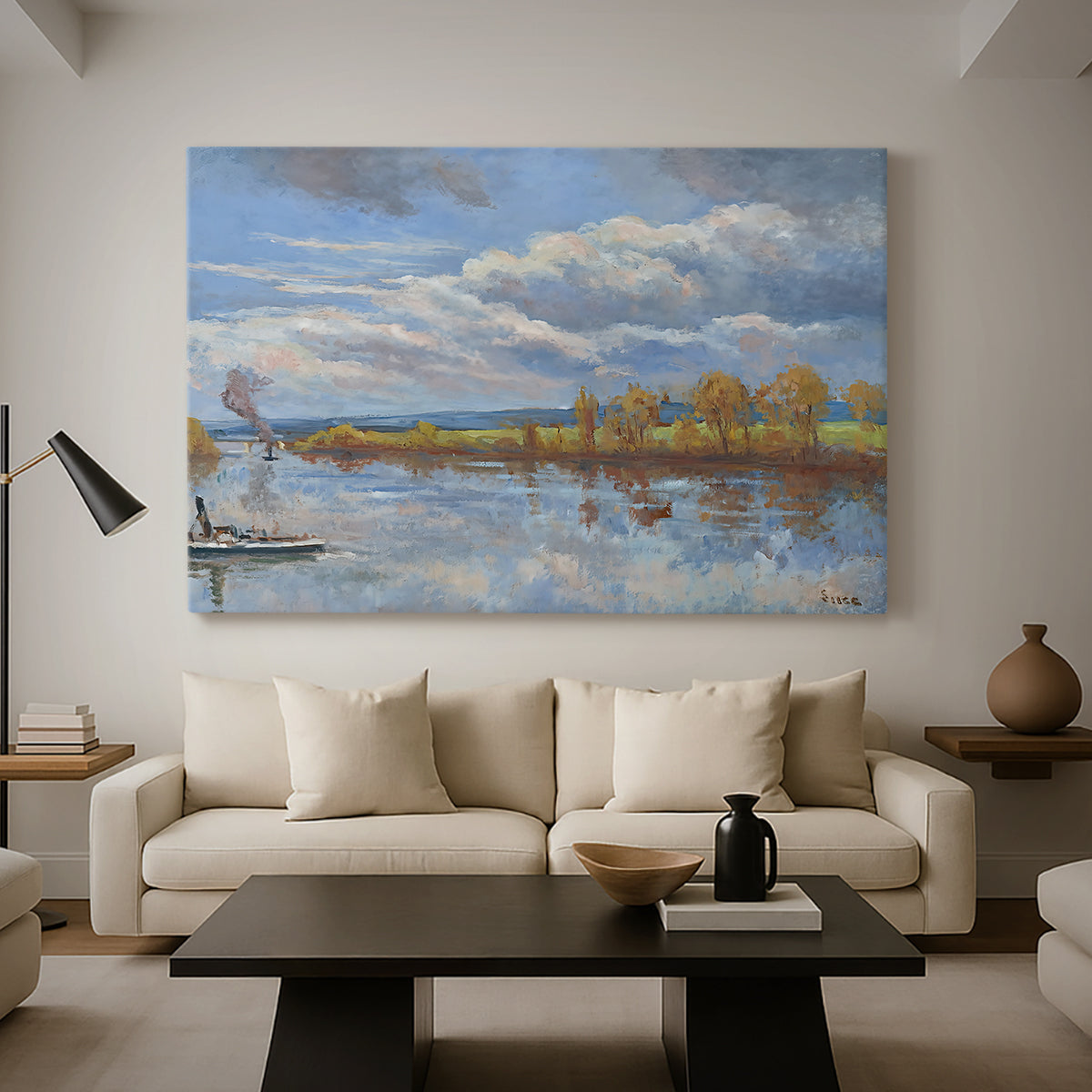 Canvas art print featuring a pointillist landscape featuring water, displayed in a spacious living room