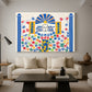 Canvas art print featuring a modernist composition featuring simplified figure and patterns, displayed in a spacious living room