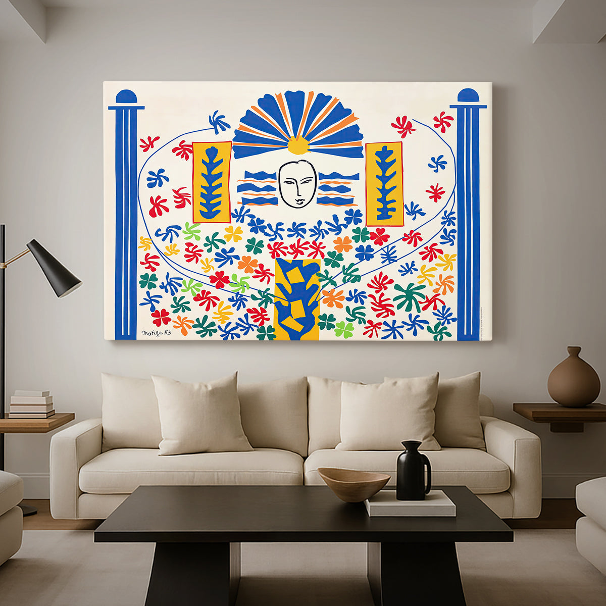 Canvas art print featuring a modernist composition featuring simplified figure and patterns, displayed in a spacious living room