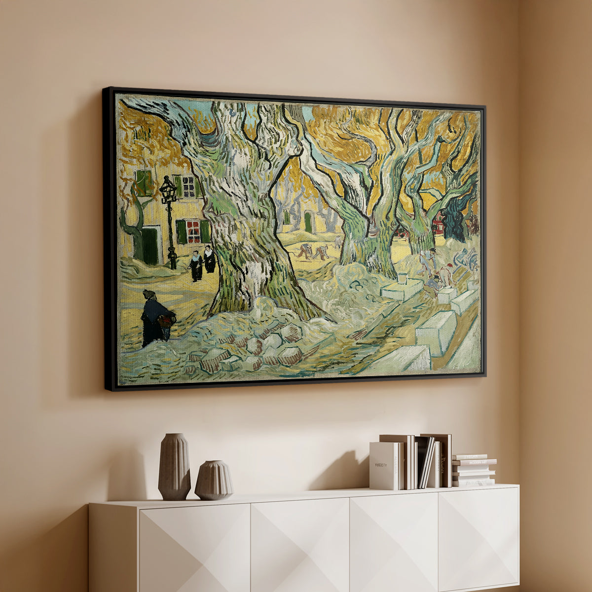 The Large Plane Trees (Road Menders at Saint-Rémy), 1889 - Floater Framed Canvas Print