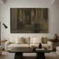 Canvas art print featuring a dimly lit religious building with structural details, displayed in a spacious living room