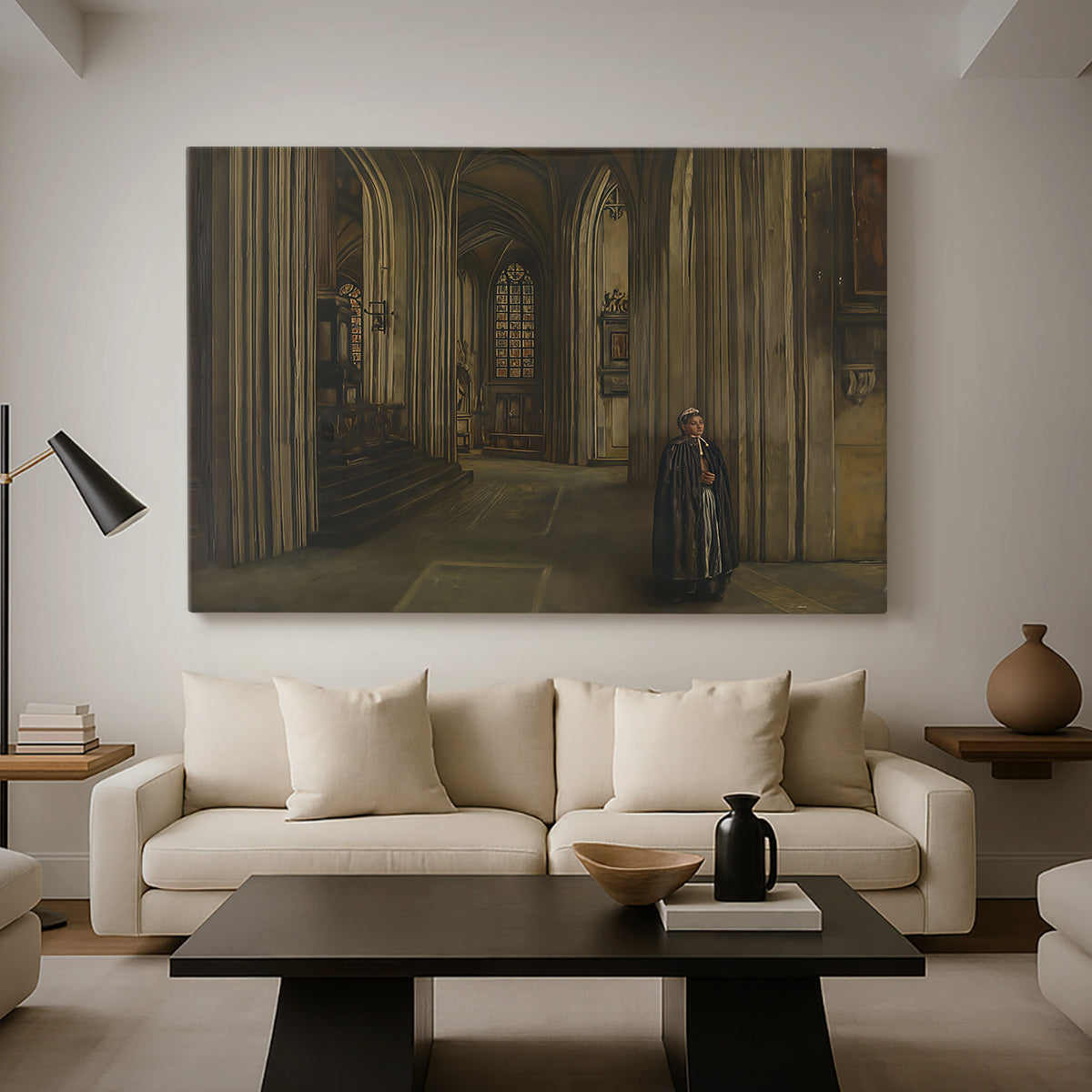 Canvas art print featuring a dimly lit religious building with structural details, displayed in a spacious living room