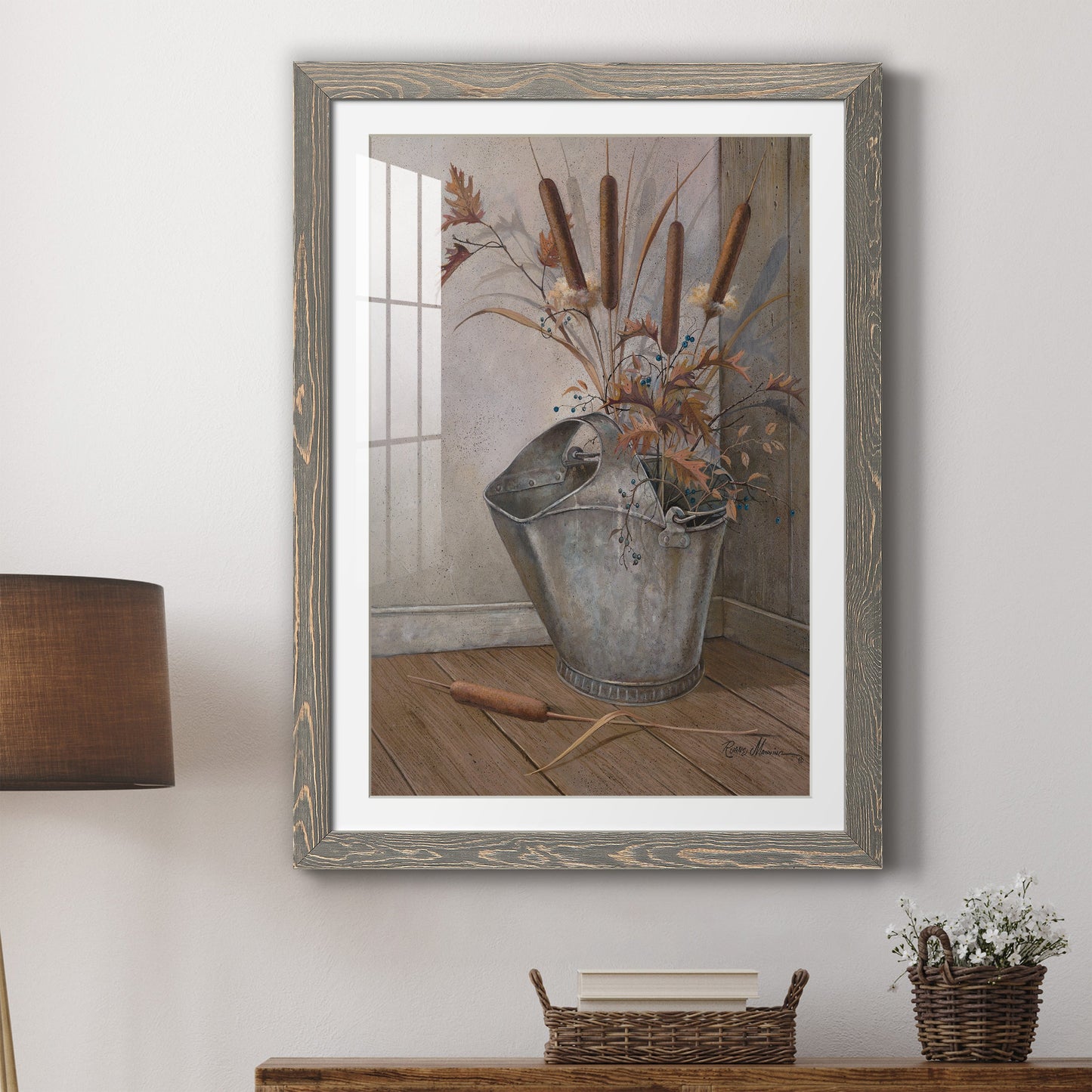 Berries & Cat Tails - Premium Framed Print - Distressed Barnwood Frame - Ready to Hang