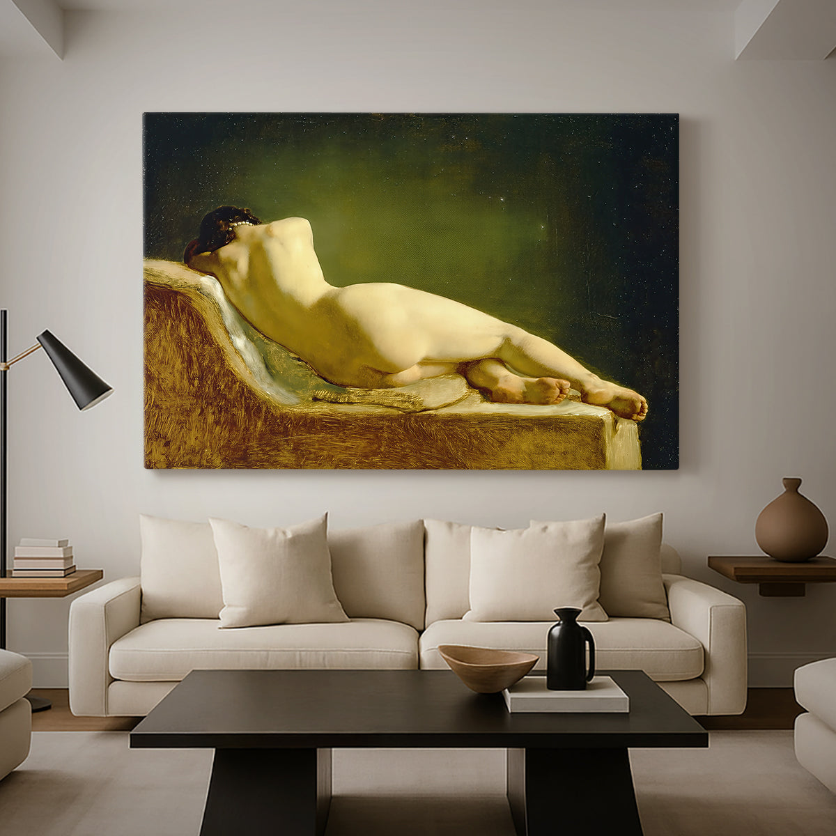 Canvas art print featuring a figure study of reclining body with soft lighting, displayed in a spacious living room