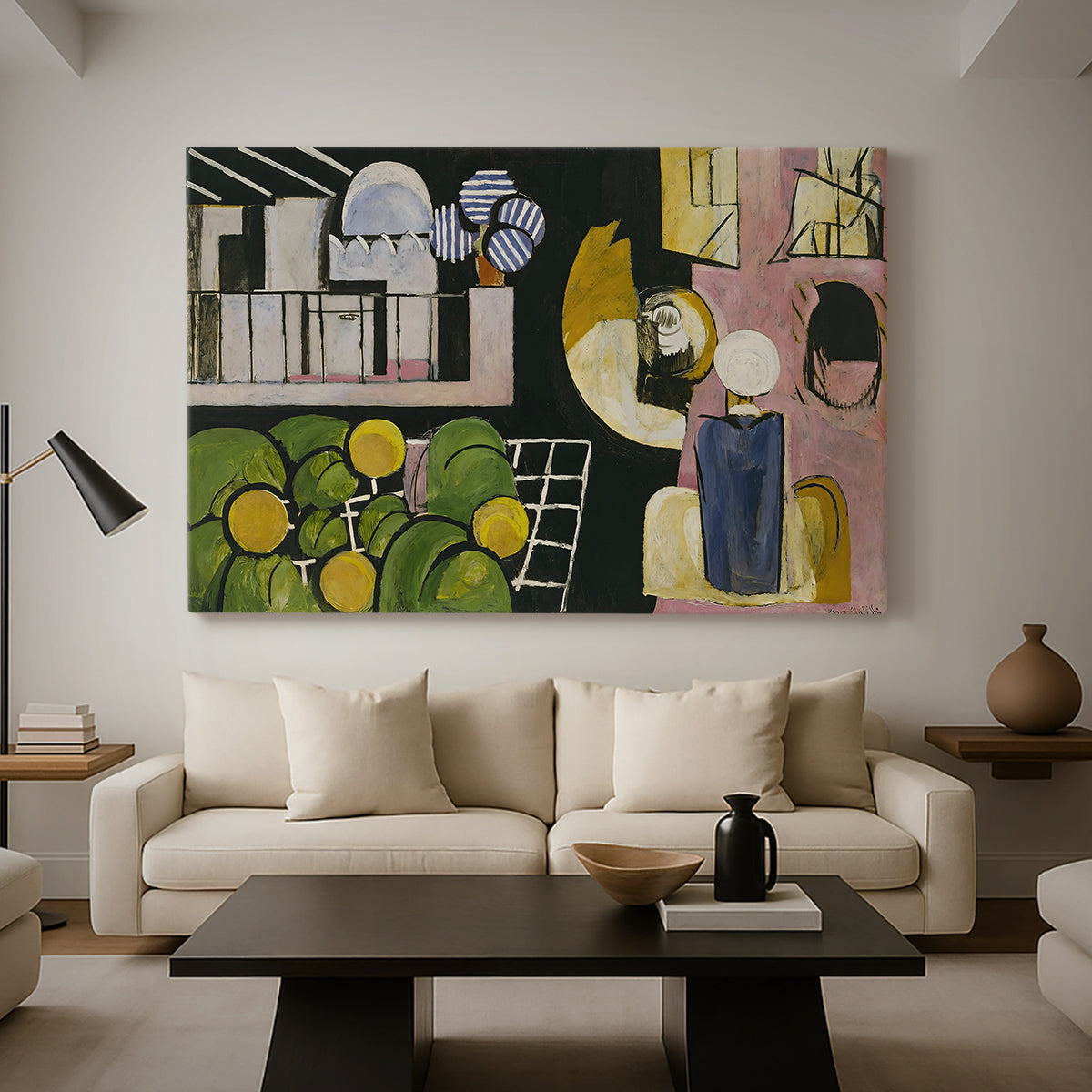 Canvas art print featuring an expressive composition with arches and figures, displayed in a spacious living room