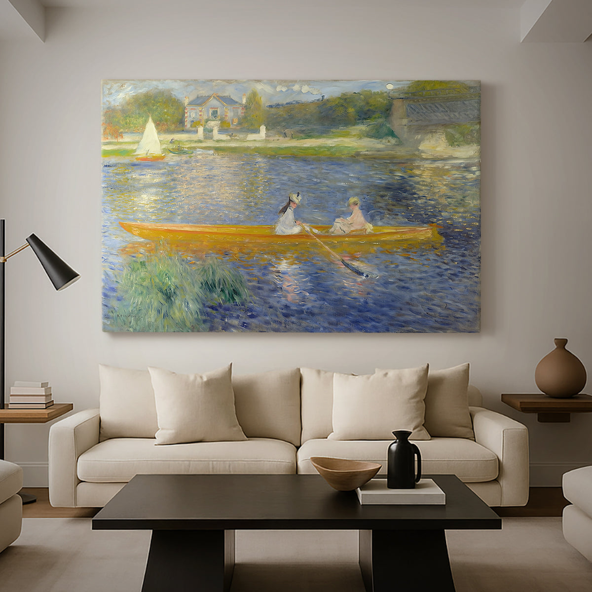Canvas art print featuring a couple seated in boat on river surrounded by soft reflections, displayed in a spacious living room