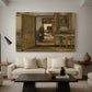 Canvas art print featuring an architectural scene emphasizing depth and symmetry, displayed in a spacious living room
