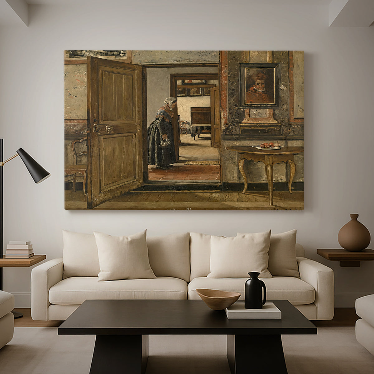 Canvas art print featuring an architectural scene emphasizing depth and symmetry, displayed in a spacious living room