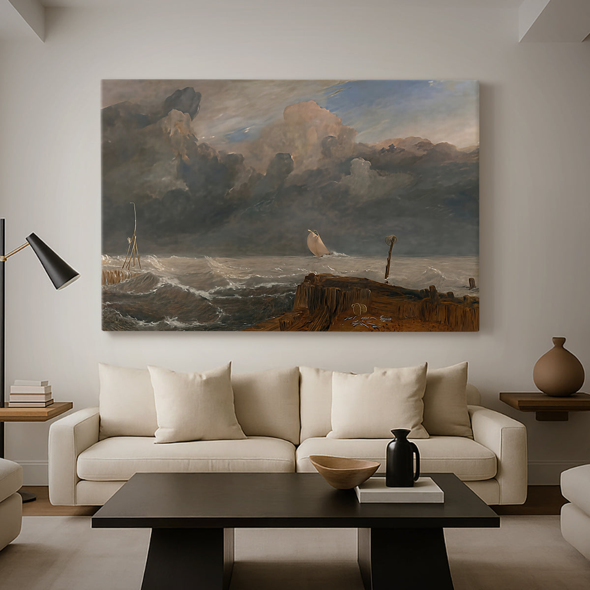 Canvas art print featuring an atmospheric coastal view, displayed in a spacious living room