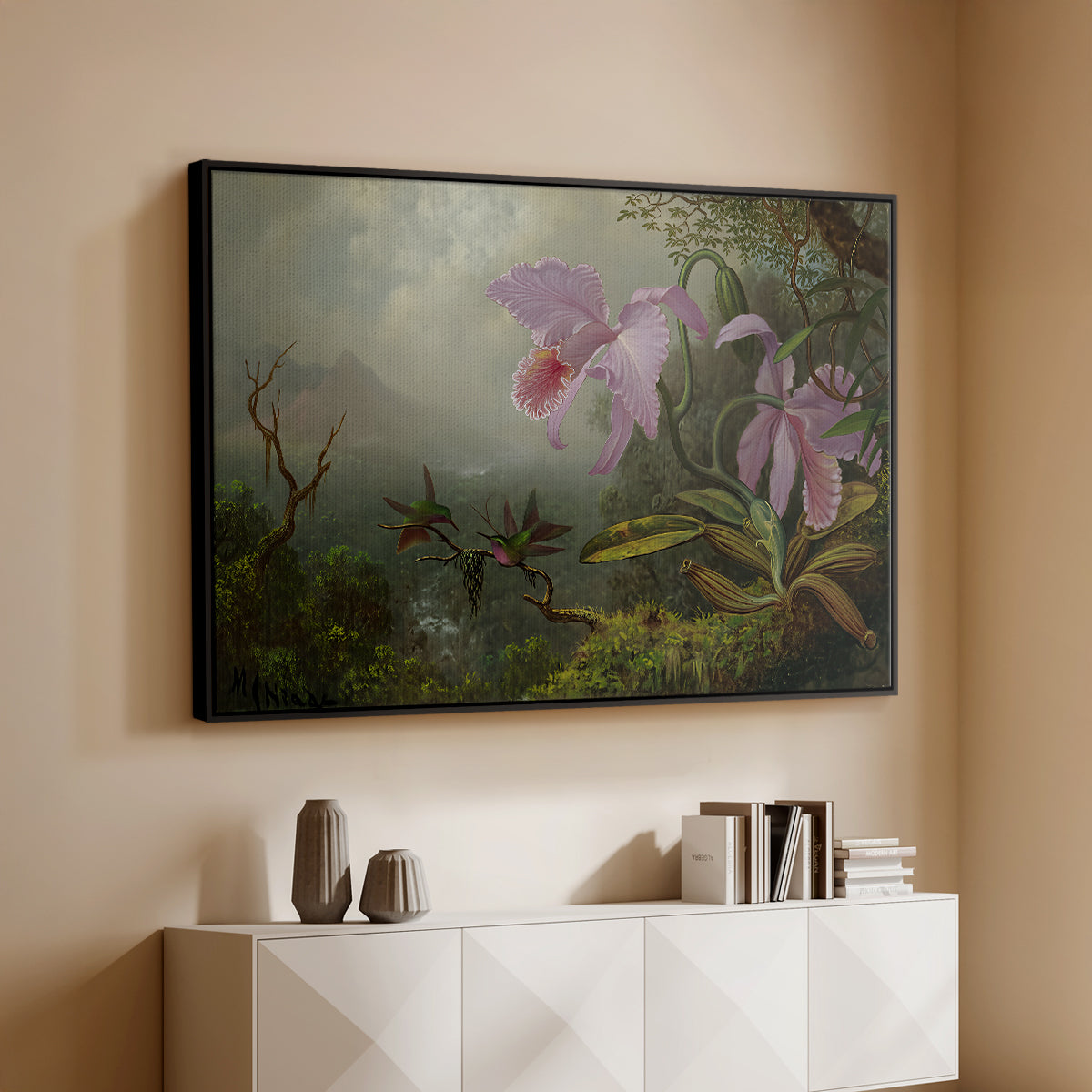 Two Sun Angel Hummingbirds on a Branch, c. 1890-1904 - Floater Framed Canvas Print