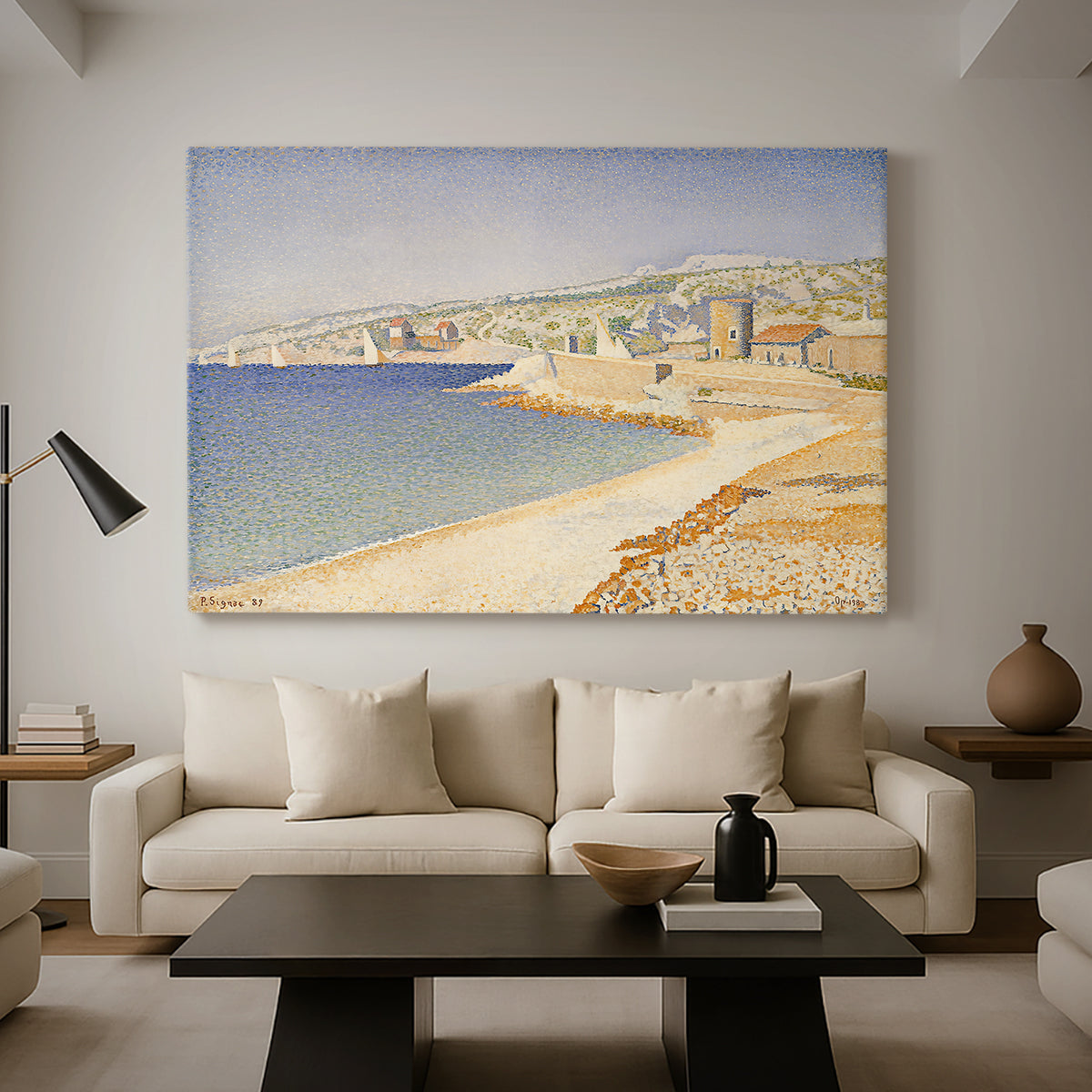 Canvas art print featuring a pointillist coastal composition, displayed in a spacious living room