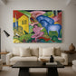 Canvas art print featuring a surreal arrangement of figures and animals in bright palette, displayed in a spacious living room
