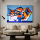 Canvas art print featuring an abstract portrait using segmentation, displayed in a spacious living room