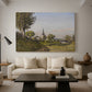 Canvas art print featuring a peaceful village landscape with architecture and nature, displayed in a spacious living room