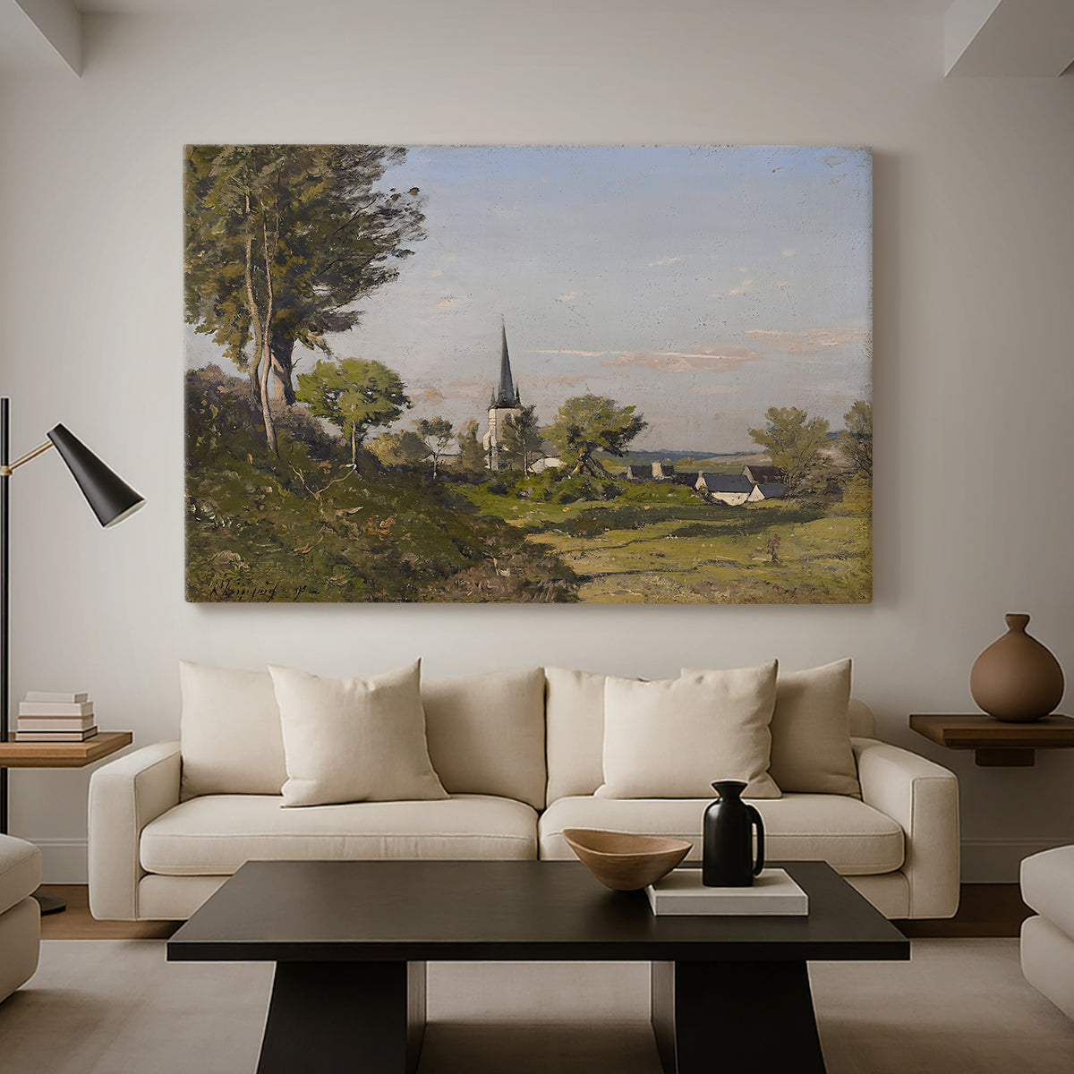 Canvas art print featuring a peaceful village landscape with architecture and nature, displayed in a spacious living room