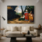 Canvas art print featuring a group of men posed near rocky terrain with distant landscape, displayed in a spacious living room