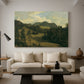 Canvas art print featuring a realistic landscape with depth, displayed in a spacious living room