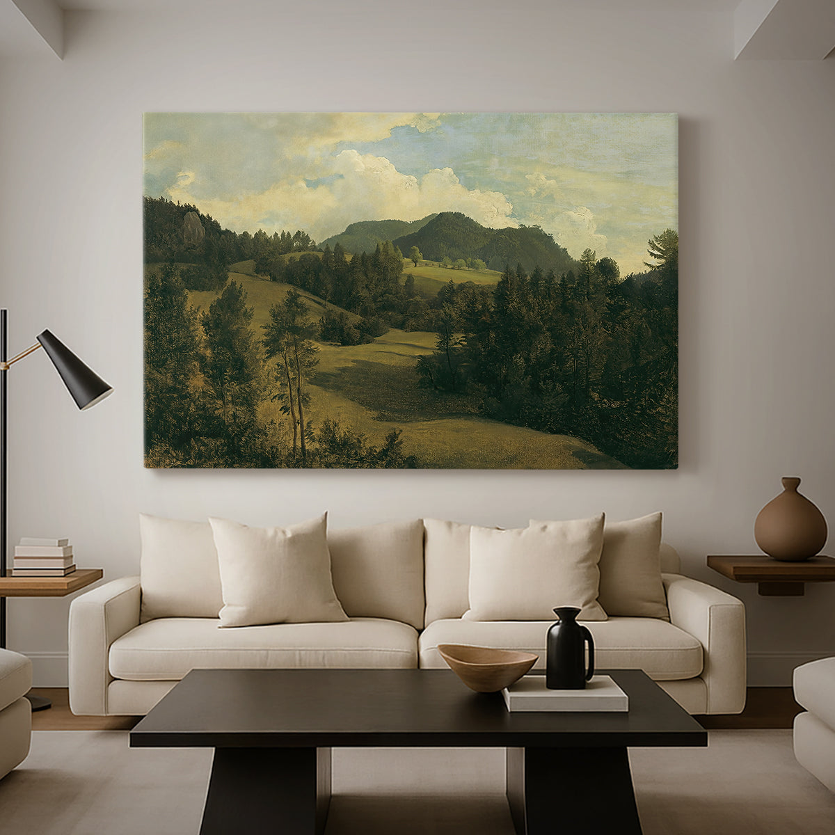 Canvas art print featuring a realistic landscape with depth, displayed in a spacious living room