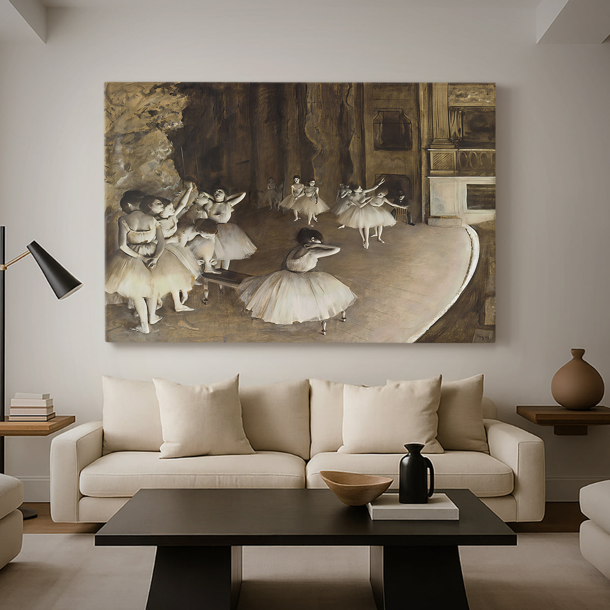 Canvas art print featuring an impressionist depiction of ballet practice on theater stage, displayed in a spacious living room