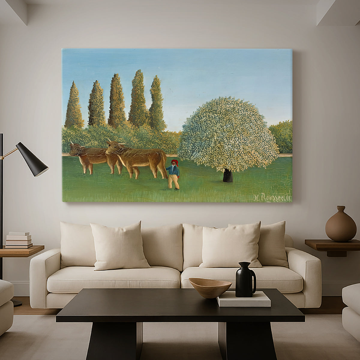 Canvas art print featuring a naïve landscape with animals and rolling greenery, displayed in a spacious living room